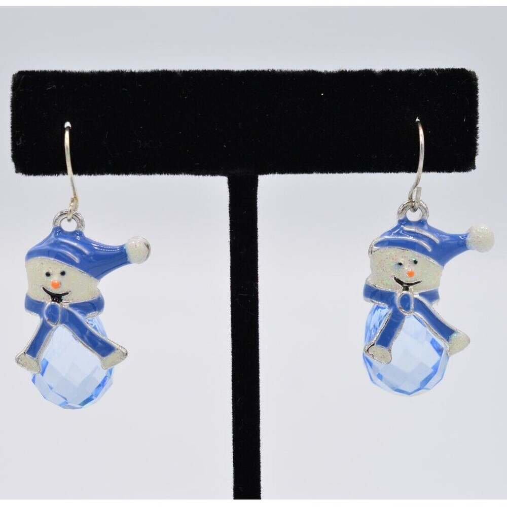Vintage Holiday Earrings Sparkling Blue Crystal Snowman Christmas Dangle BinAB